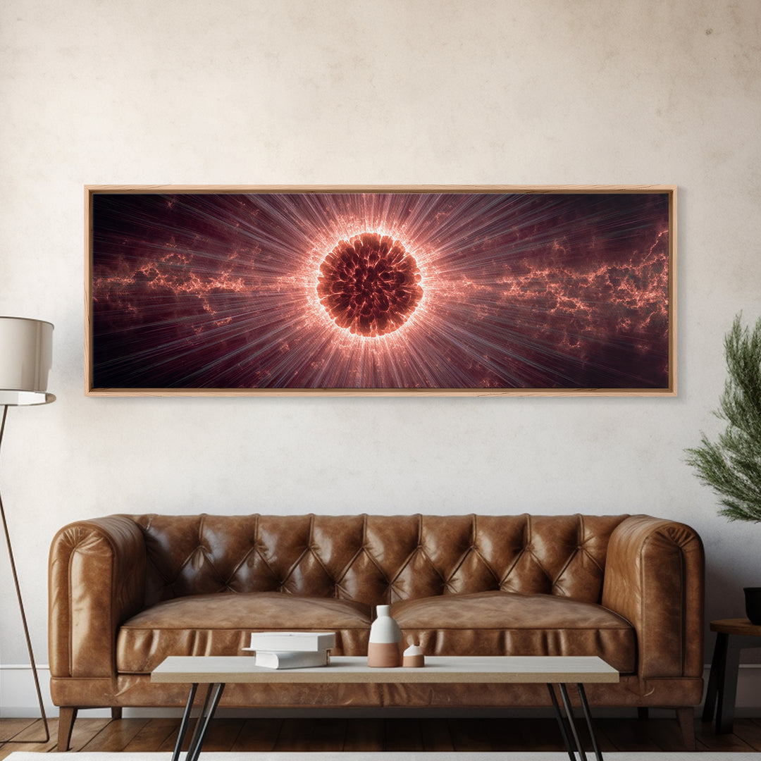 Red Solar Eclipse Corona With Dramatic Rays, Space Abstract Wall Art, Modern Digital Art Print, Cosmic Framed Canvas Print