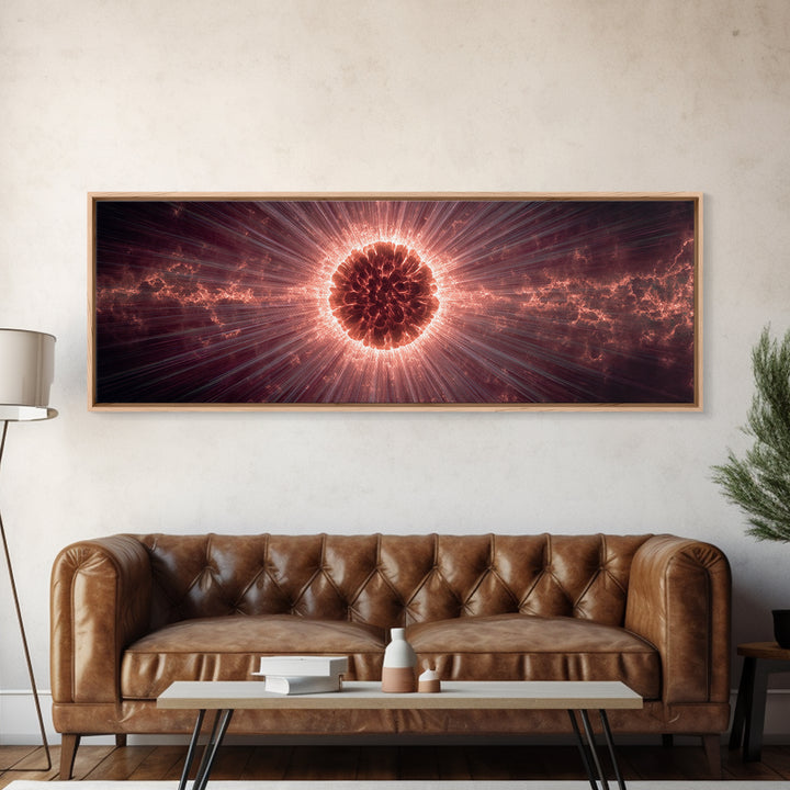 Red Solar Eclipse Corona With Dramatic Rays, Space Abstract Wall Art, Modern Digital Art Print, Cosmic Framed Canvas Print
