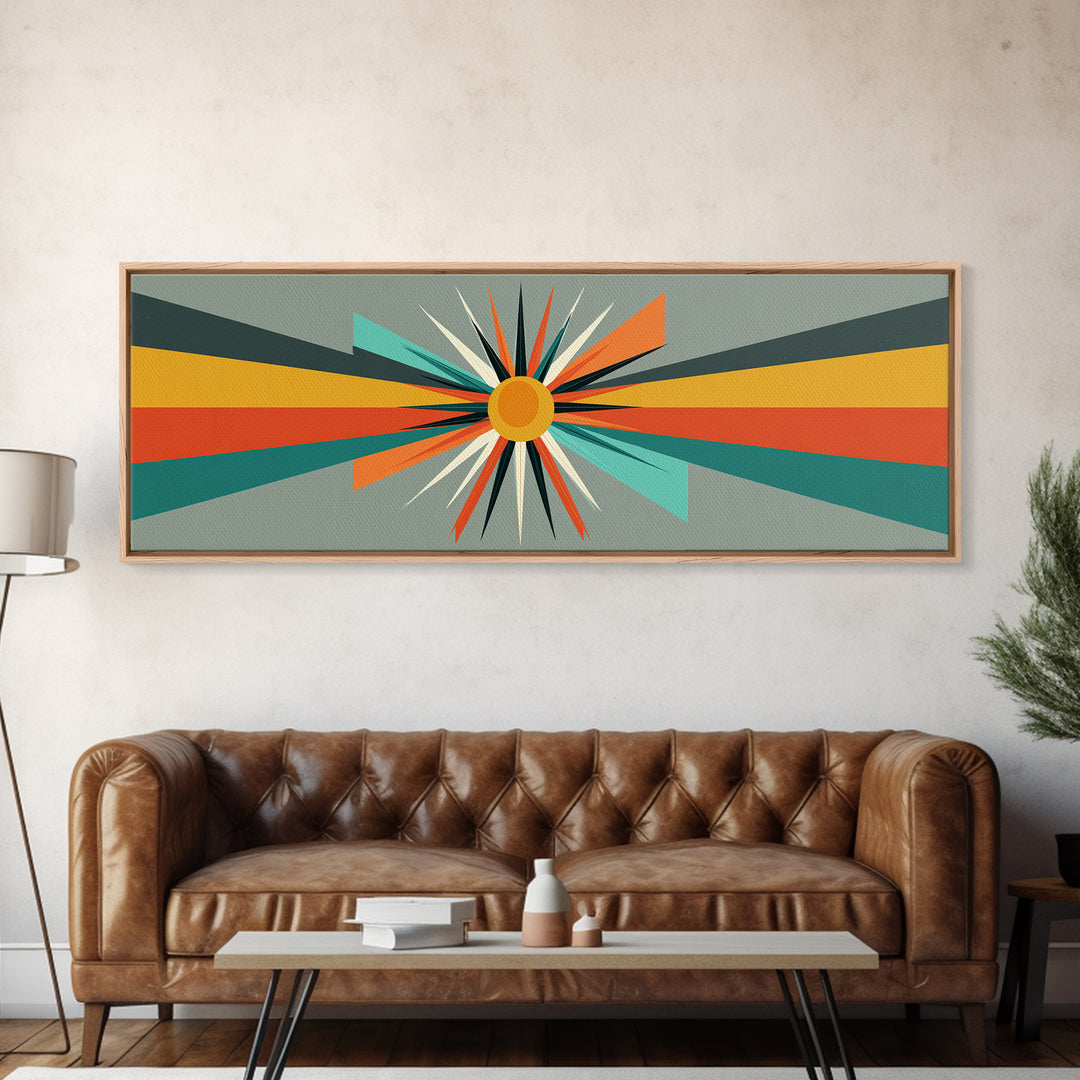 Atomic Orange Sunburst Rays Wall Art, Midcentury Modern Abstract Print, Retro Geometric Decor, MCM Living Room Poster Gift
