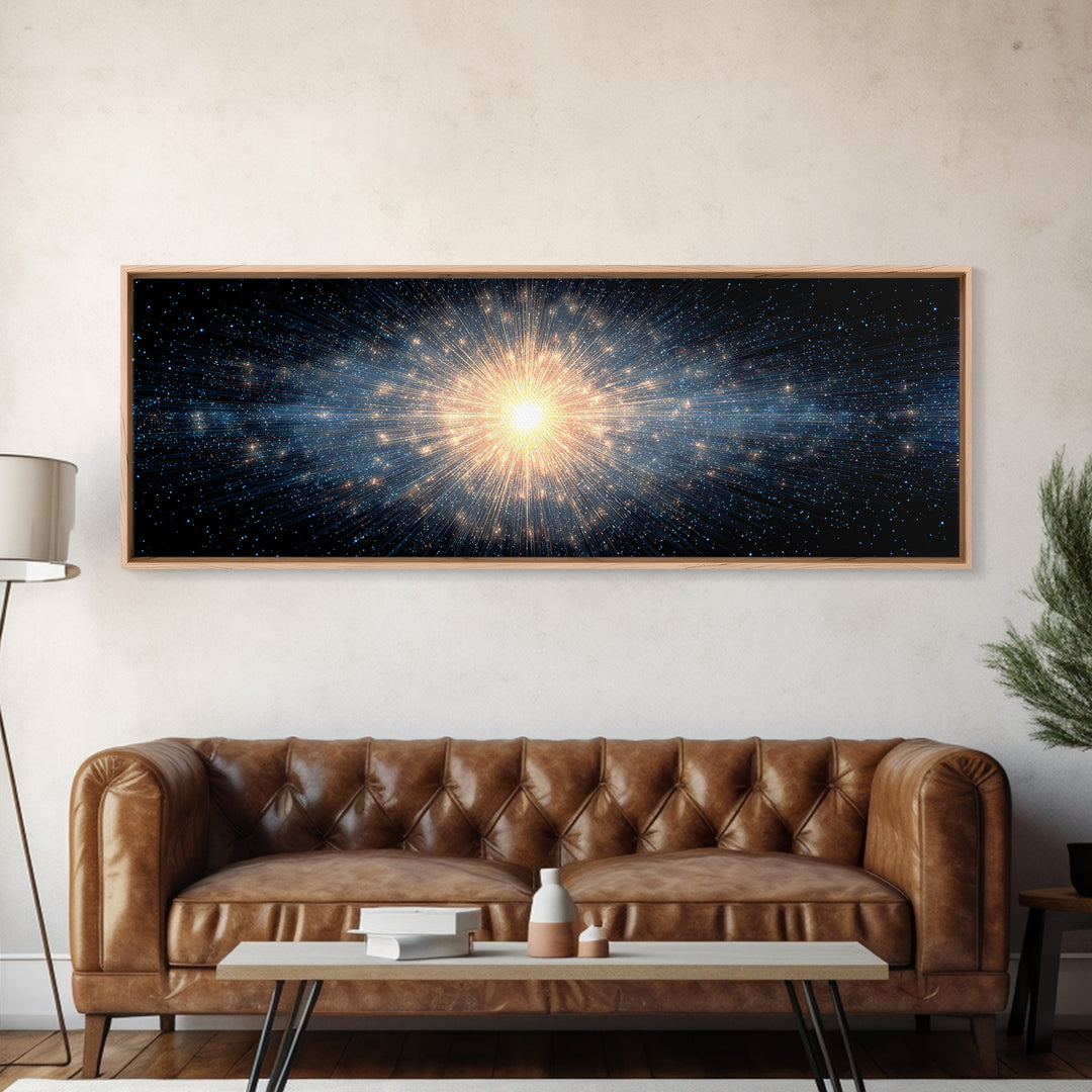 Cosmic Golden Starburst Canvas Print, Space Abstract Art, Modern Wall Decor, Sci Fi Galaxy Poster, Large Living Room Art