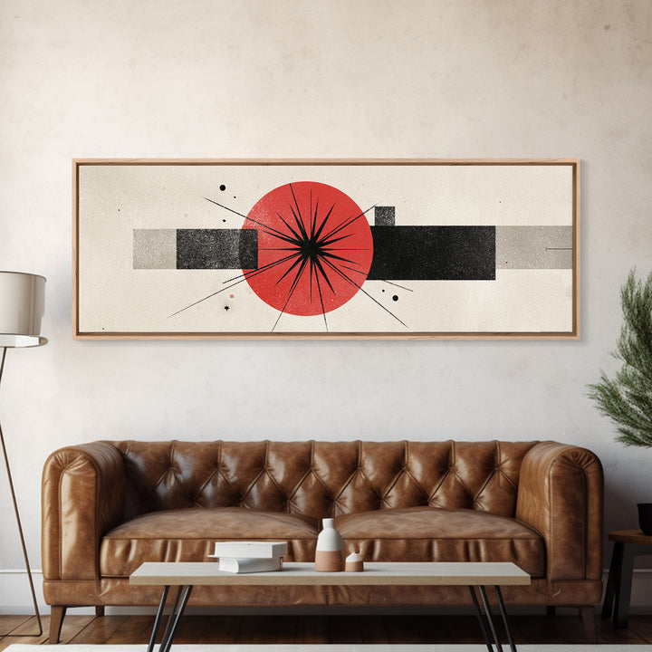 Red Black Atomic Starburst Framed Canvas Print, Midcentury Modern Wall Art, Minimal Geometric Decor, Retro MCM Poster Gift