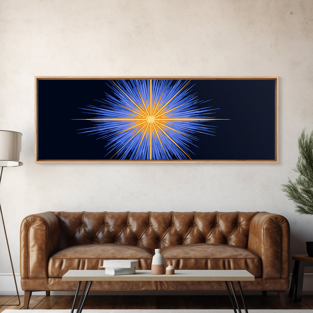 Blue Orange Radiant Starburst Canvas Print, Modern Abstract Wall Art, Cosmic Space Poster, Bold Geometric Living Room Decor