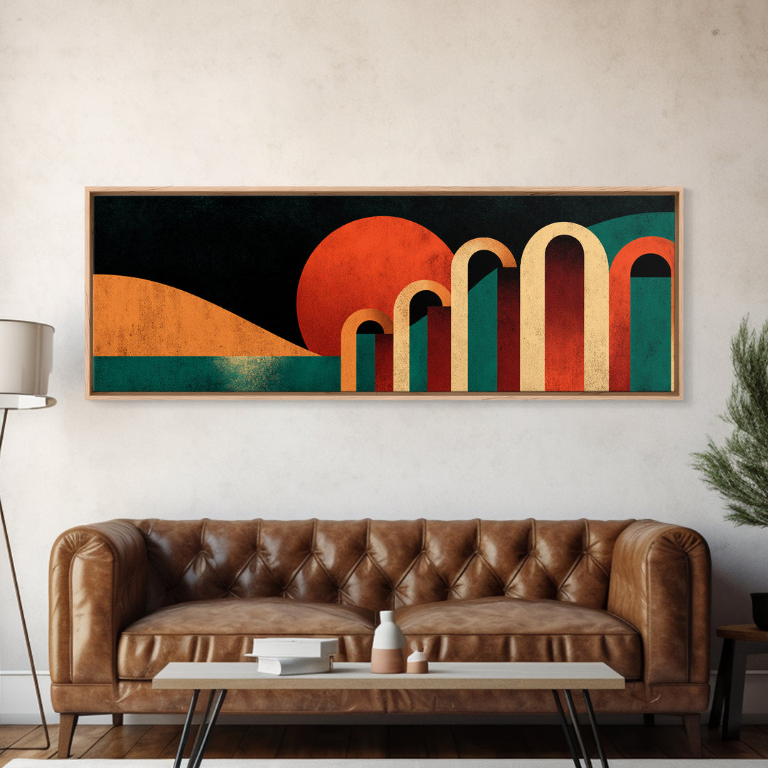 Desert Sunset With Teal Horizon And Retro Arches Canvas Print, Mid Century Modern Wall Decor, MCM Abstract Orange Art Poster