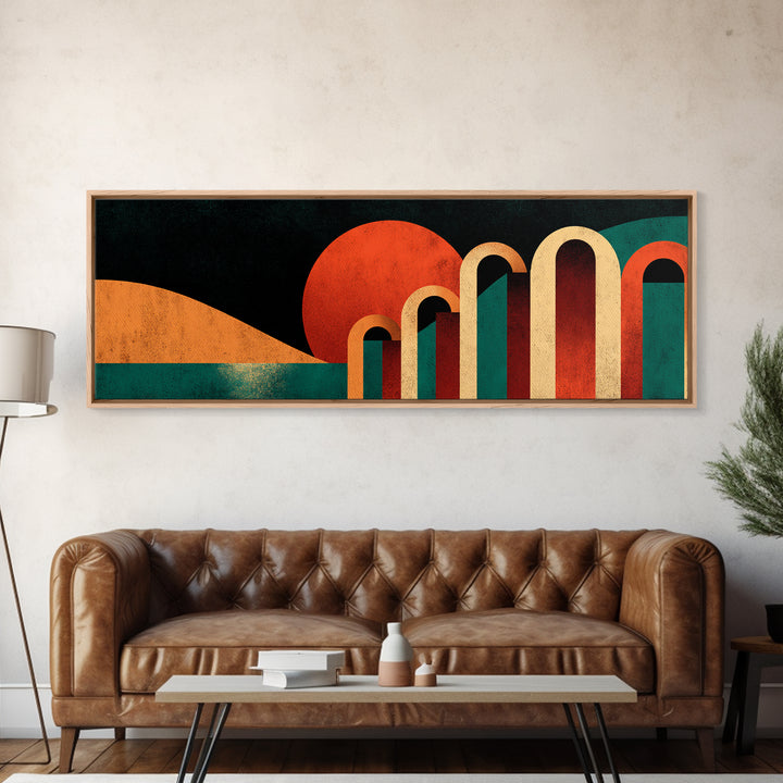 Desert Sunset With Teal Horizon And Retro Arches Canvas Print, Mid Century Modern Wall Decor, MCM Abstract Orange Art Poster