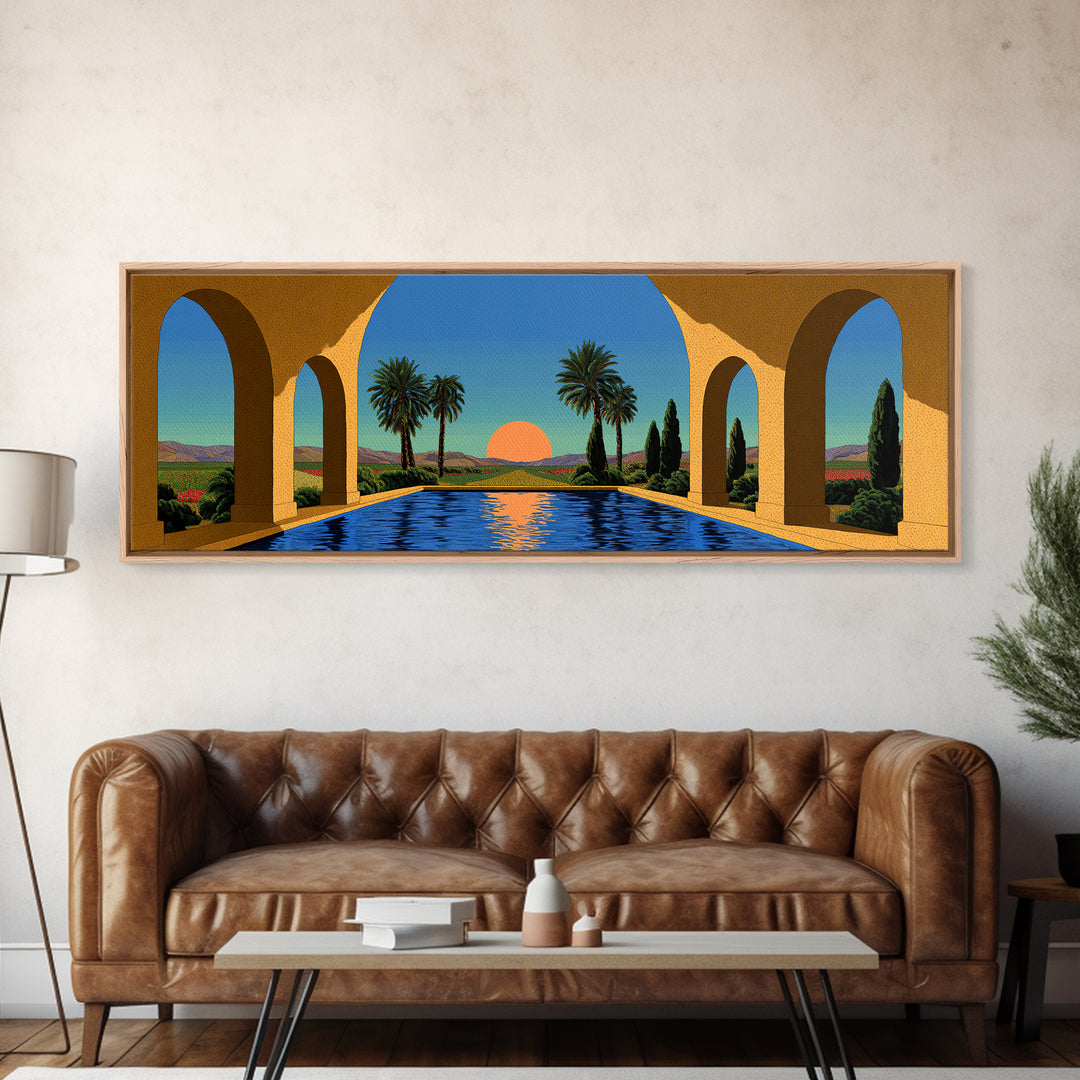 Palm Springs Pool With Golden Arches And Sunset Framed Canvas Print, Mid Century Modern Travel Poster Large Wall Art Decor