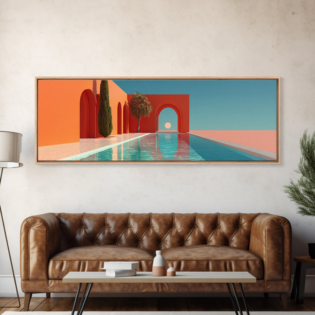Red Arch Pool With Cypress Trees And Aqua Sky Canvas Print, Minimalist Mid Century Modern Wall Art, Palm Springs Decor Poster