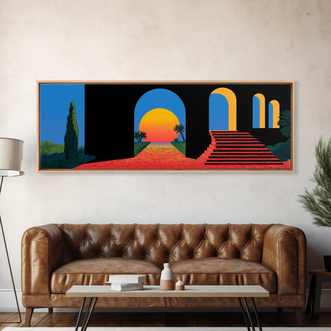 Black Blue Terrace With Sunset Portal And Red Steps Wall Art, Retro Mid Century Modern Poster, MCM Architectural Decor Print