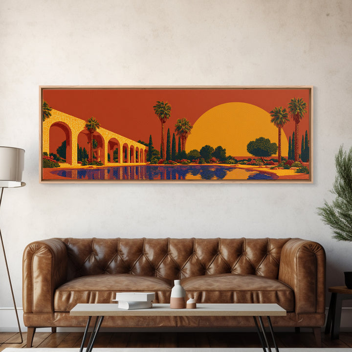 Orange Palm Oasis With Colonnade Pool And Giant Sun Framed Canvas Print, Mid Century Modern Wall Art, Retro Desert Decor