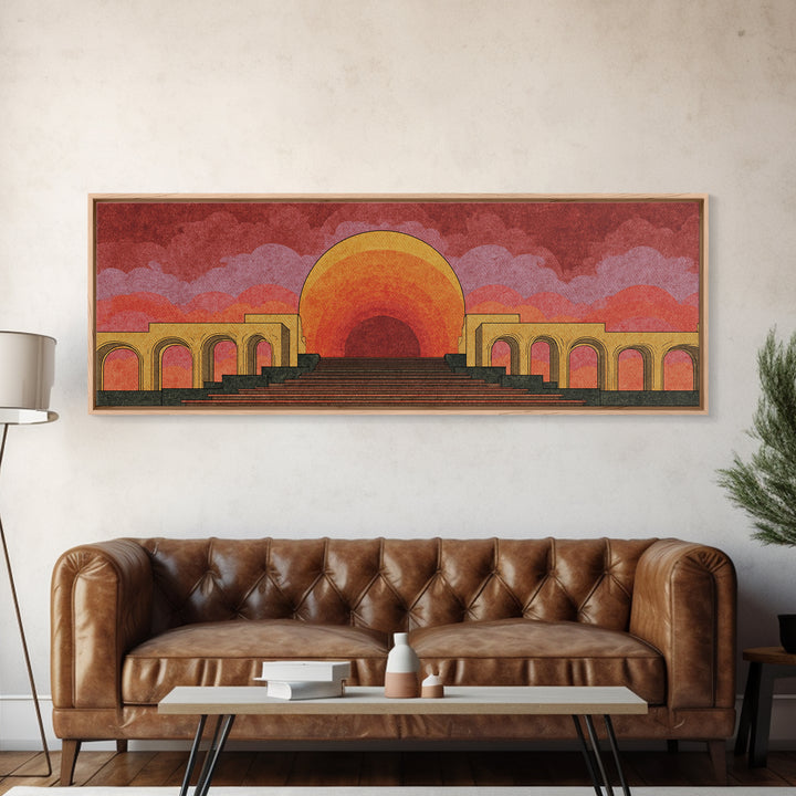Monumental Sunset Theater With Arches And Stone Steps Canvas Print, Retro Mid Century Modern Wall Art, Orange Landscape Poster