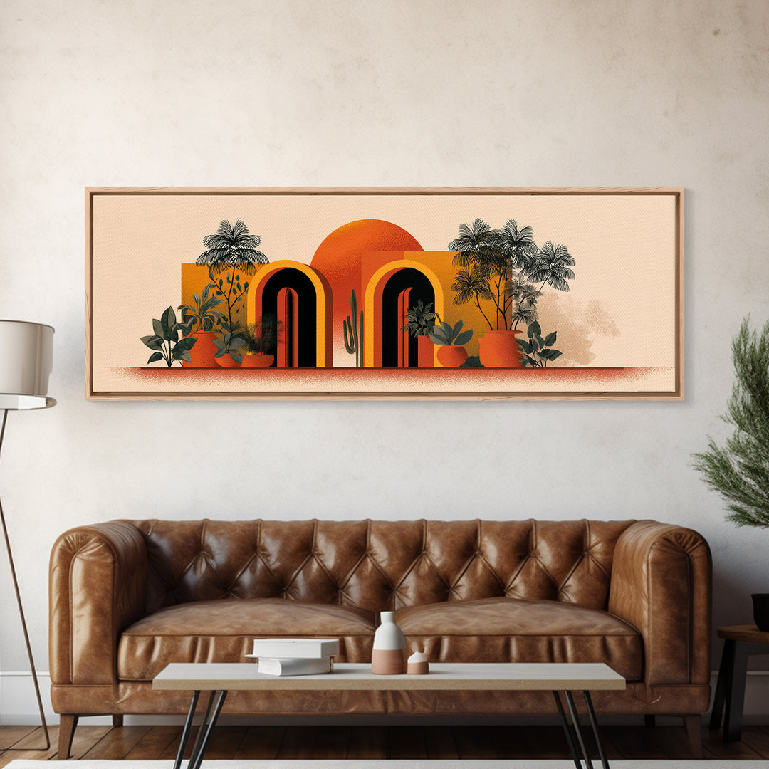 Potted Plants With Orange Sun And Rainbow Arched Doors Wall Art, Mid Century Modern Botanical Decor, MCM Desert Poster Print