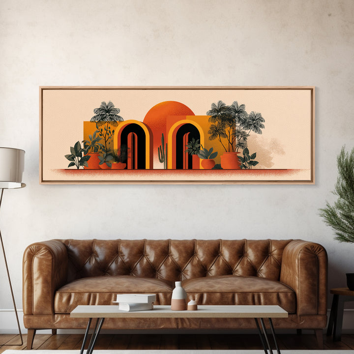 Potted Plants With Orange Sun And Rainbow Arched Doors Wall Art, Mid Century Modern Botanical Decor, MCM Desert Poster Print