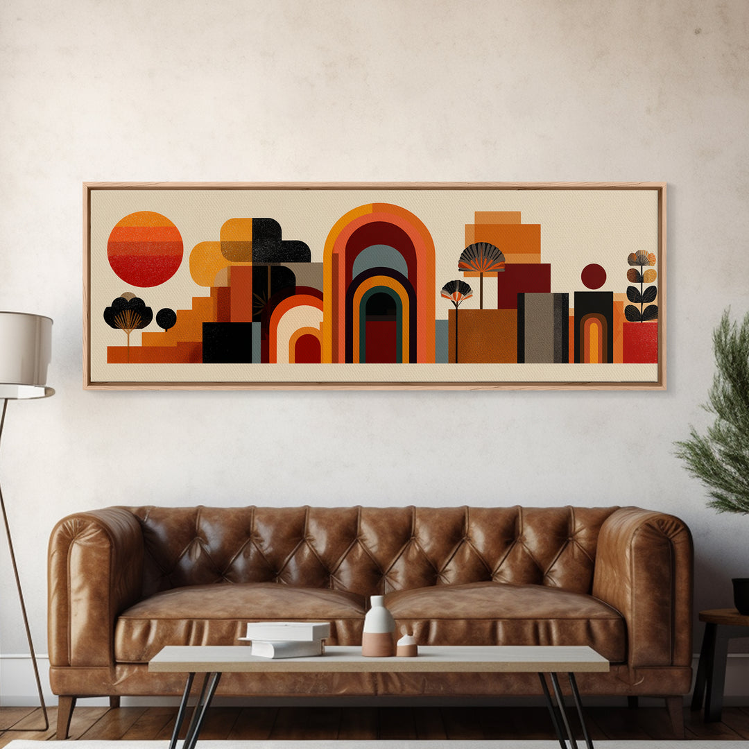 Abstract Desert Village With Arches, Sun, And Potted Plants Canvas Print, Mid Century Modern Wall Art, Geometric MCM Decor