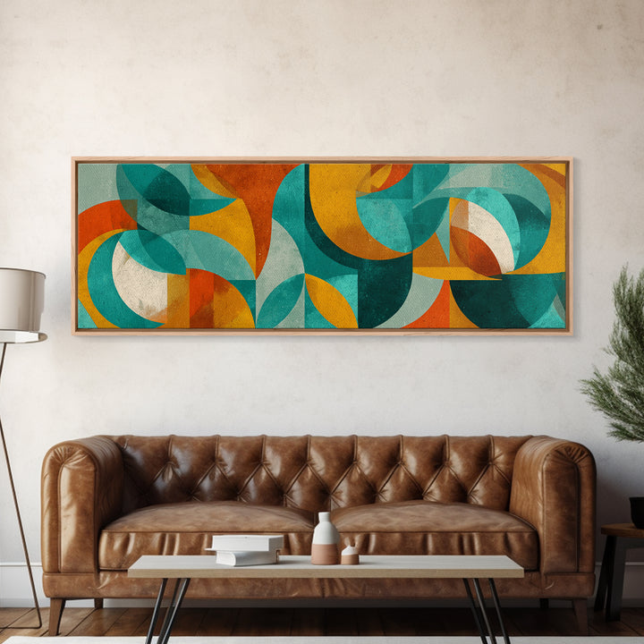Teal Ochre Geometric Circles And Transparent Shapes Wall Art, Mid Century Modern Abstract Print, Bauhaus Colorblock Decor