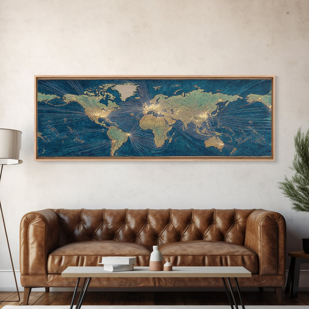 Blue Gold World Map Wall Art, Midcentury Modern Travel Poster, Geometric Global Lines Canvas Print, Office Wall Decor, Gift