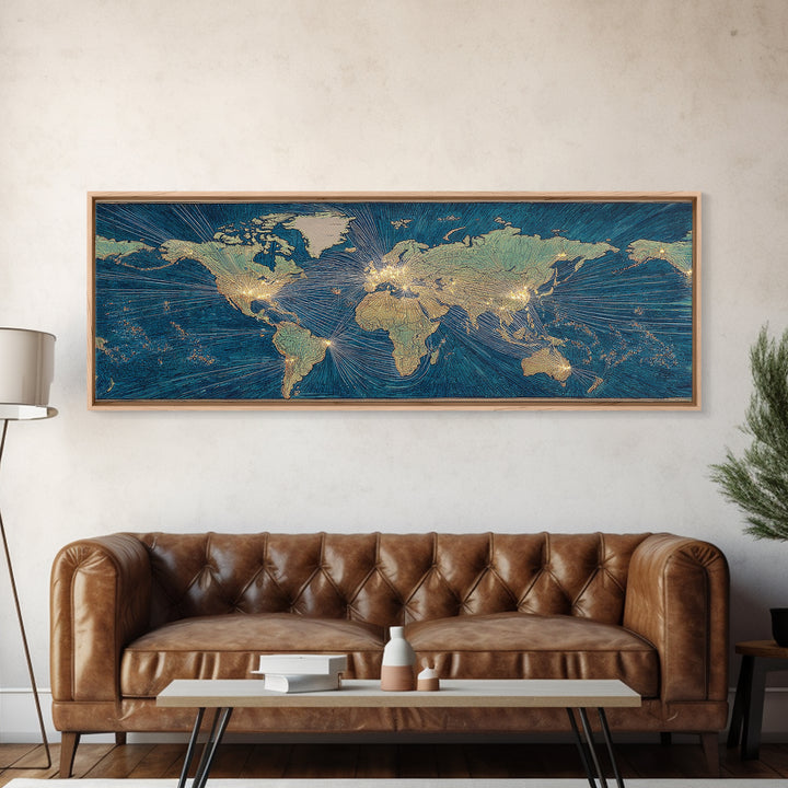 Blue Gold World Map Wall Art, Midcentury Modern Travel Poster, Geometric Global Lines Canvas Print, Office Wall Decor, Gift