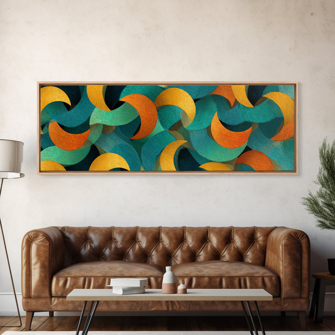 Layered Teal Orange And Gold Crescent Moon Shapes Canvas Print, Retro Mid Century Modern Wall Art, Abstract Pattern Decor