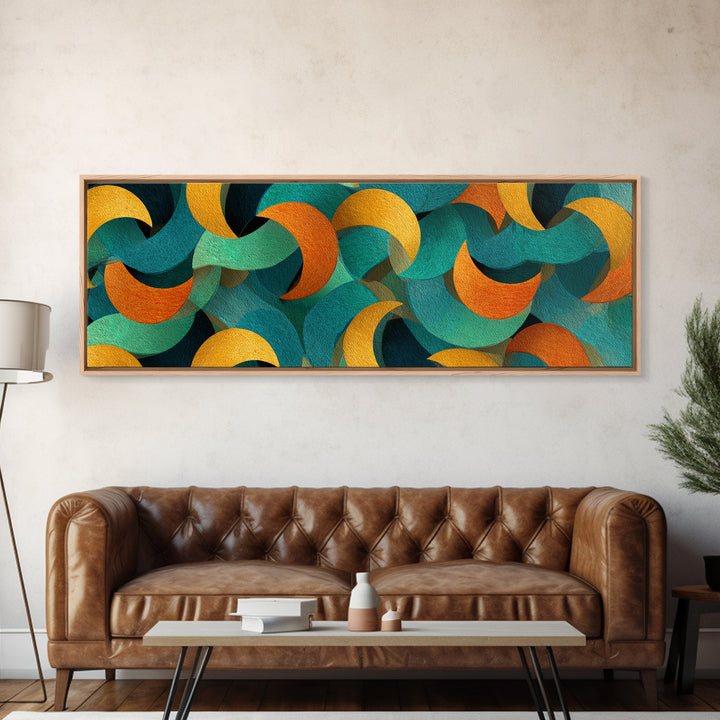 Layered Teal Orange And Gold Crescent Moon Shapes Canvas Print, Retro Mid Century Modern Wall Art, Abstract Pattern Decor