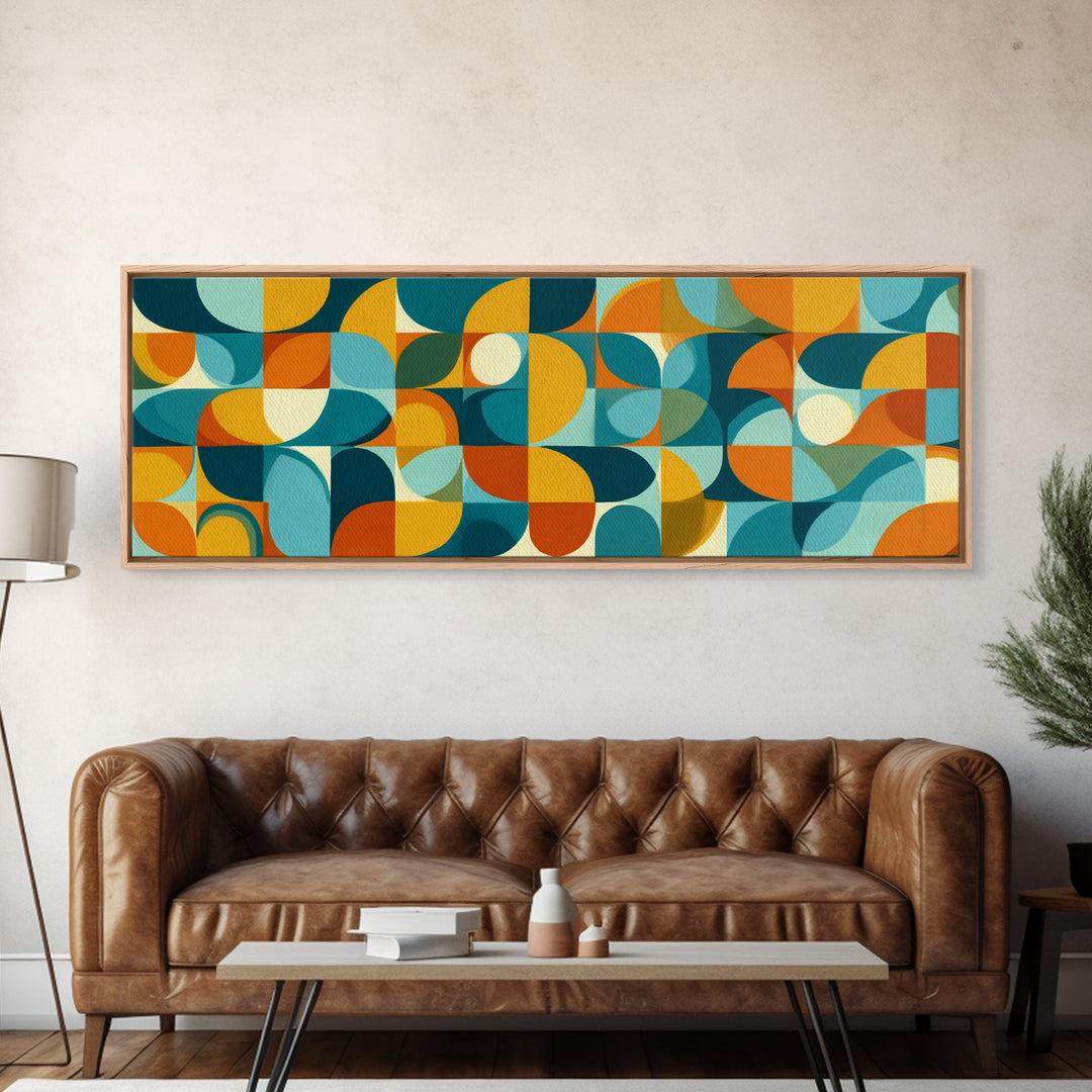Teal Orange Aqua Rounded Geometric Shapes Canvas Print, Mid Century Modern Wall Art, Retro Bauhaus Poster, Living Room Decor
