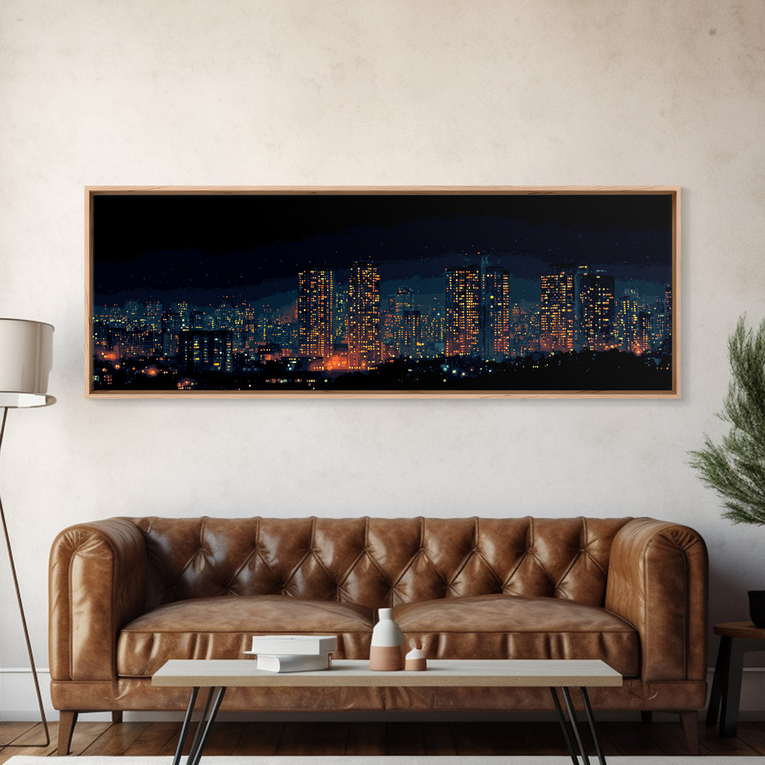 Glowing Night City Skyline Wall Art, Modern Urban Photography Print, Skyscraper Lights Poster, Apartment Living Room Decor
