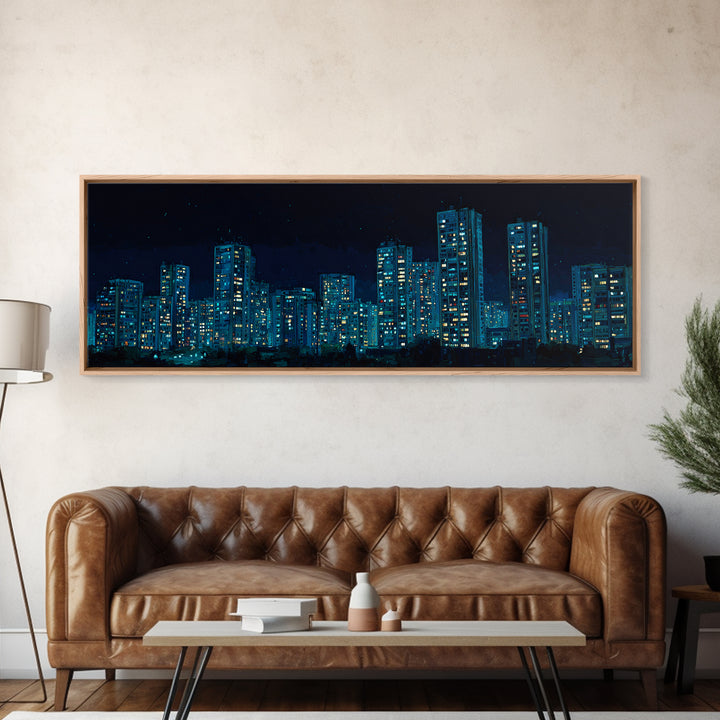 Blue Neon Night Skyline Canvas Print, Modern Cityscape Wall Art, Urban Skyscraper Poster, Contemporary Apartment Living Room Decor