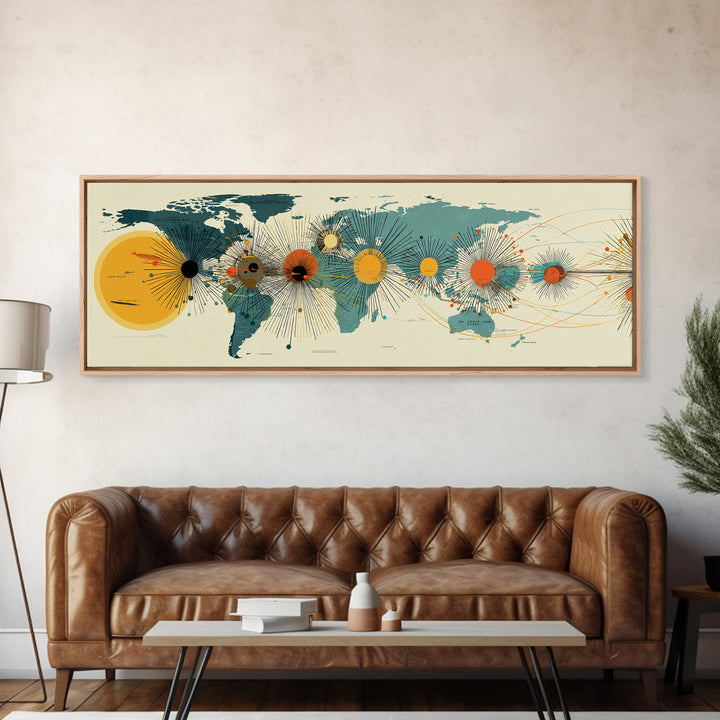 Solar System World Map Wall Art, Midcentury Modern Space Poster, Retro Planetary Lines Framed Canvas Print, Office Decor