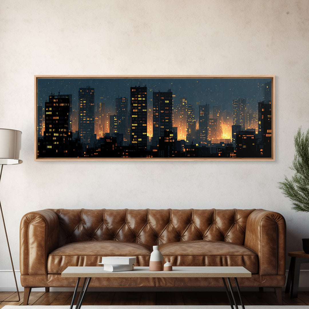 Rainy Night City Silhouette Wall Art, Moody Urban Skyline Print, Modern Skyscraper Lights Poster, Industrial Office Decor