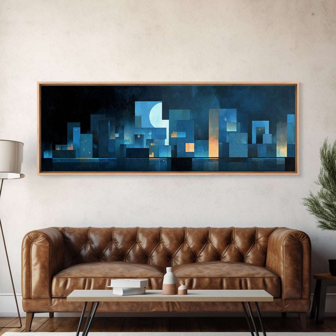 Blue Moon Geometric City Skyline Wall Art, Midcentury Modern Art Print, Abstract Urban Night Decor, MCM Living Room Poster