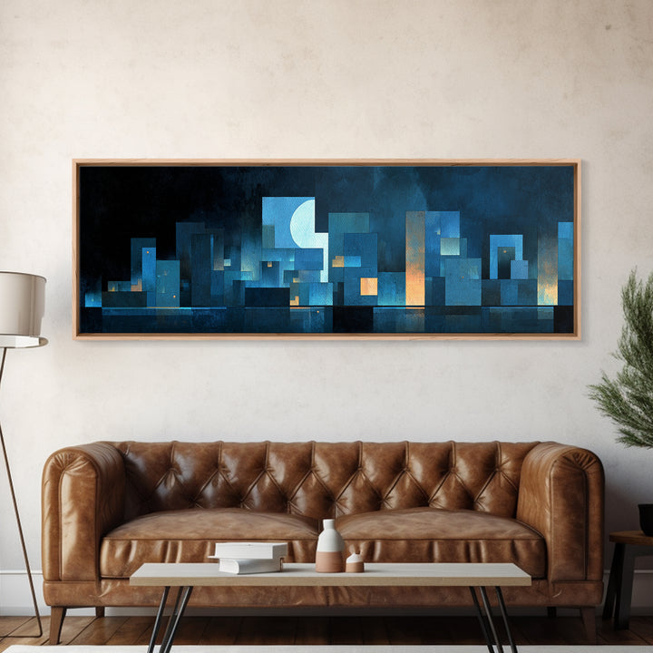 Blue Moon Geometric City Skyline Wall Art, Midcentury Modern Art Print, Abstract Urban Night Decor, MCM Living Room Poster
