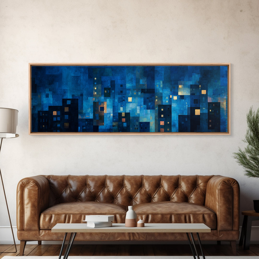 Blue Abstract City Lights Canvas Print, Modern Wall Art For Living Room, Urban Night Skyline Poster, Midcentury Home Decor