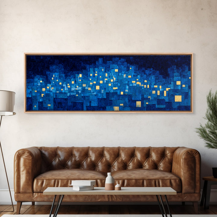 Mosaic Blue City Night Wall Art, Modern Abstract Art Print, Urban Skyline Lights, MCM Wall Decor, Large Living Room Artwork