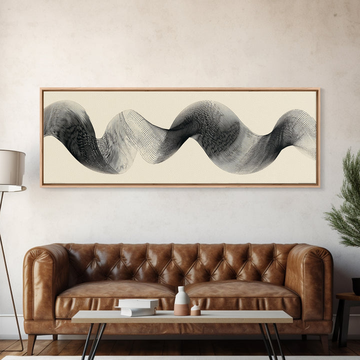 Black Ink Sine Wave Framed Canvas Print, Minimalist Abstract Wall Art, Modern Geometric Line Poster, Neutral Office Decor