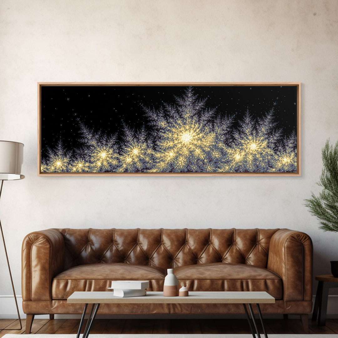 Golden Sparkling Tree Line Wall Art, Panoramic Winter Night Poster, Modern Abstract Art Print, Festive Metallic Home Decor