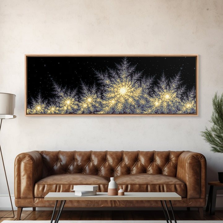 Golden Sparkling Tree Line Wall Art, Panoramic Winter Night Poster, Modern Abstract Art Print, Festive Metallic Home Decor