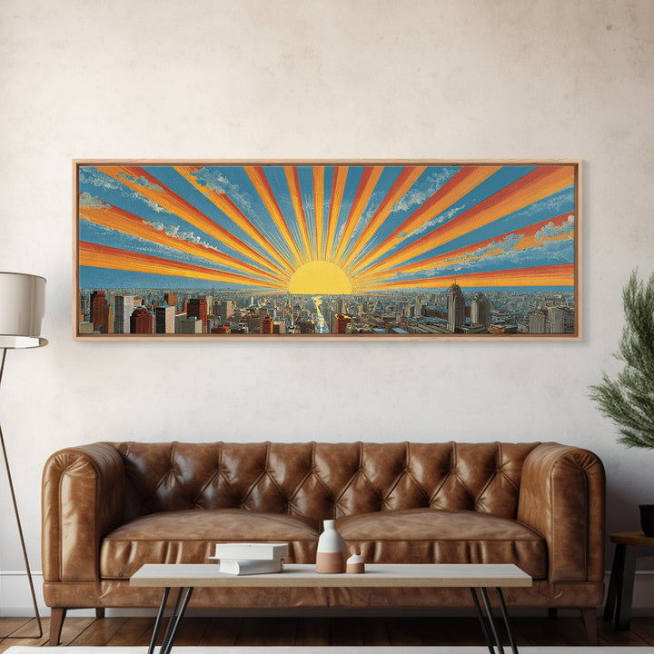 Radiant Sunrise City Skyline Framed Canvas Print, Panoramic Retro Travel Poster, Midcentury Modern Wall Art, Bright Home Decor