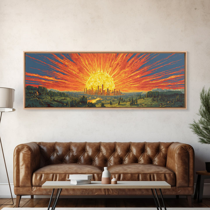 Fiery Solar Cityscape Canvas Print, Panoramic Apocalypse Sunset Poster, Bold Modern Abstract Art, Orange Wall Decor For Home