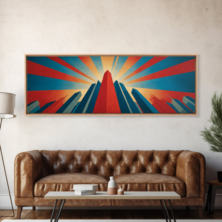 Dramatic Art Deco Skyscraper Wall Art, Panoramic Sunburst City Poster, Retro Modern Art Print, Bold Office Wall Decor Gift