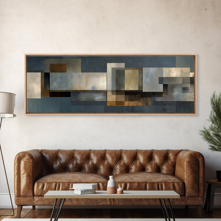 Moody Metallic Rectangle Canvas Print, Modern Abstract Wall Decor, Industrial Geometric Art, Blue Gold Home Office Artwork