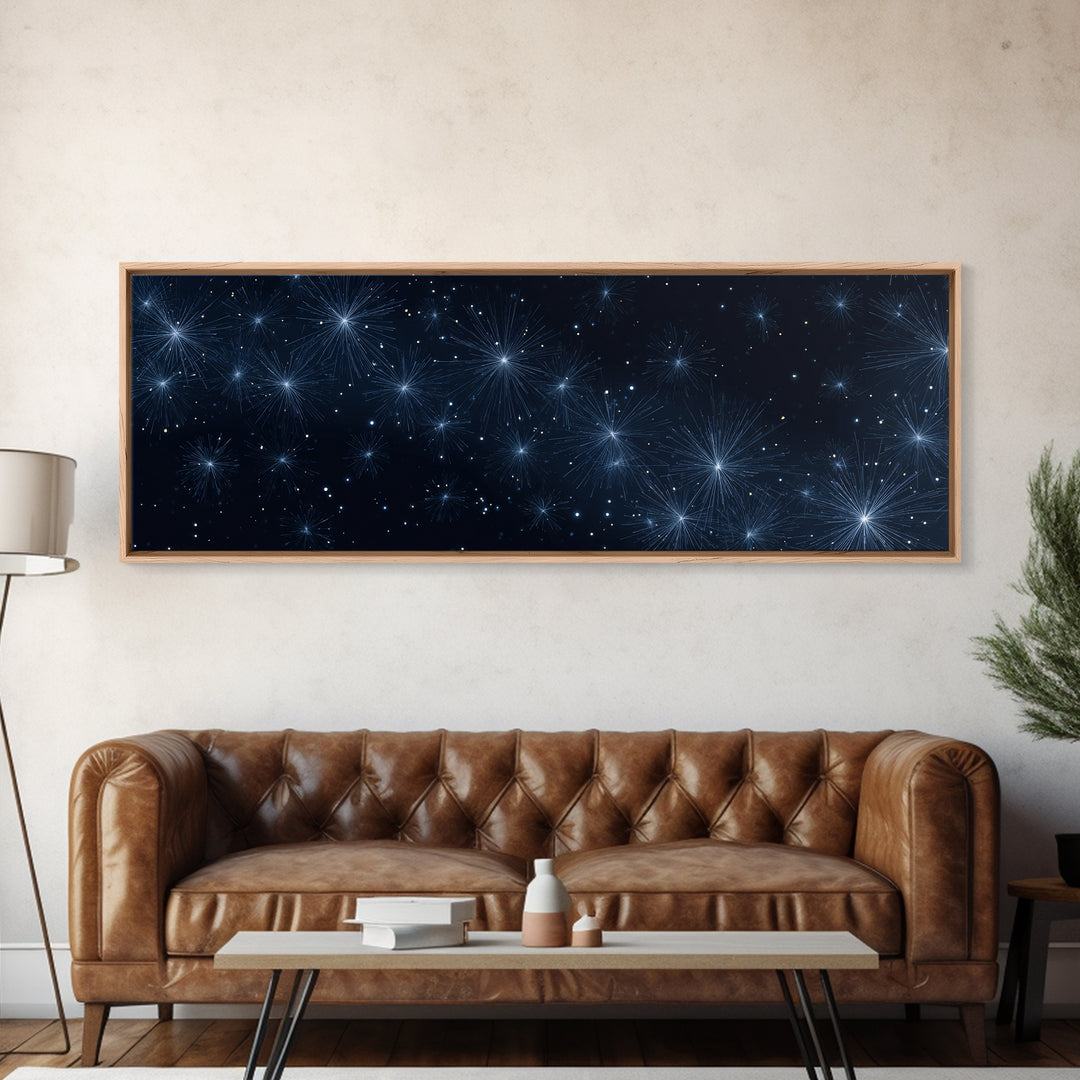Deep Blue Starburst Night Wall Art, Cosmic Modern Abstract Print, Celestial Space Decor, Navy Bedroom And Home Office Canvas Gift