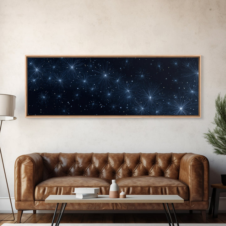 Deep Blue Starburst Night Wall Art, Cosmic Modern Abstract Print, Celestial Space Decor, Navy Bedroom And Home Office Canvas Gift