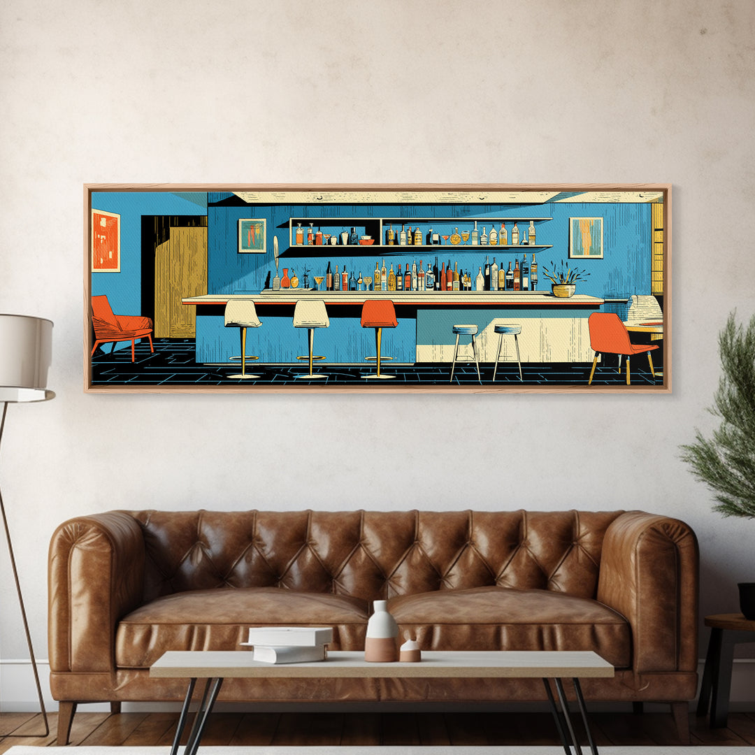 Blue Midcentury Cocktail Bar Wall Art, Retro Lounge Poster, Modern Home Decor, Framed Canvas Print, Bar Cart Wall Decor Gift