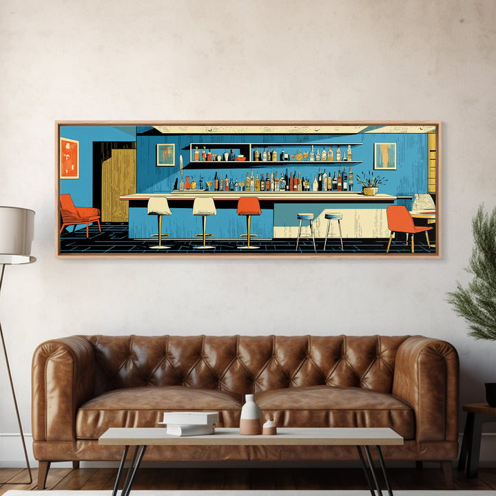 Blue Midcentury Cocktail Bar Wall Art, Retro Lounge Poster, Modern Home Decor, Framed Canvas Print, Bar Cart Wall Decor Gift