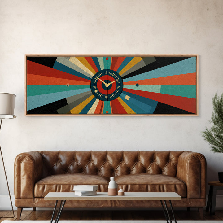 Atomic Clock Sunburst Wall Art, Midcentury Modern Canvas, Retro Geometric Poster, MCM Home Decor, Panoramic Abstract Print
