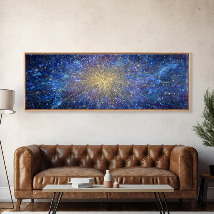 Blue Gold Cosmic Starburst Canvas Print, Space Abstract Wall Decor, Modern Digital Art, Galaxy Light Speed Panoramic Poster