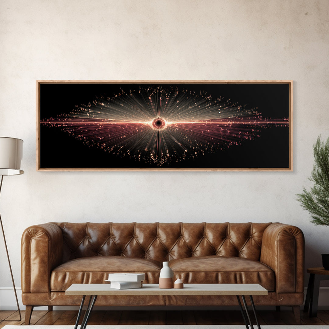Red Black Hole Particle Burst Framed Canvas Print, Cosmic Retro Wall Art, Modern Abstract Art Print, Dark Space Decor Poster