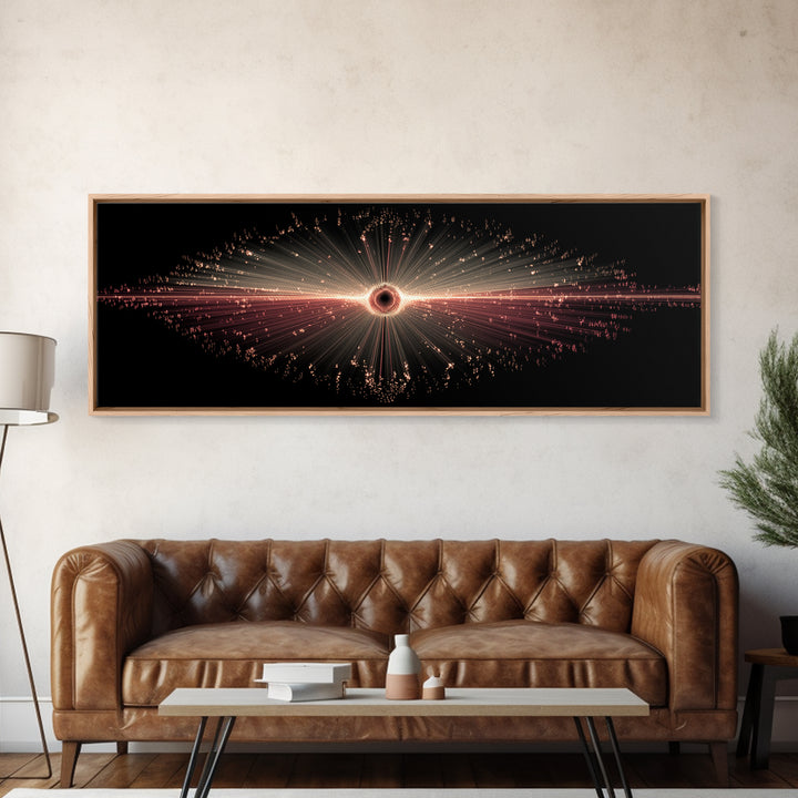 Red Black Hole Particle Burst Framed Canvas Print, Cosmic Retro Wall Art, Modern Abstract Art Print, Dark Space Decor Poster