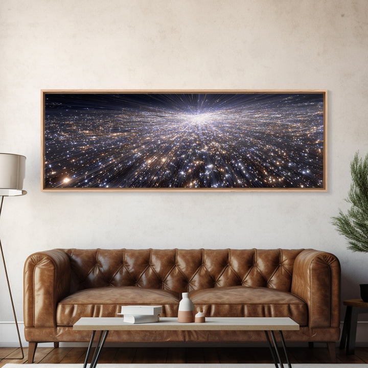 Silver Sparkling Starfield Wall Art, Modern Cosmic Canvas Print, Space Abstract Art, Panoramic Poster, Living Room Decor