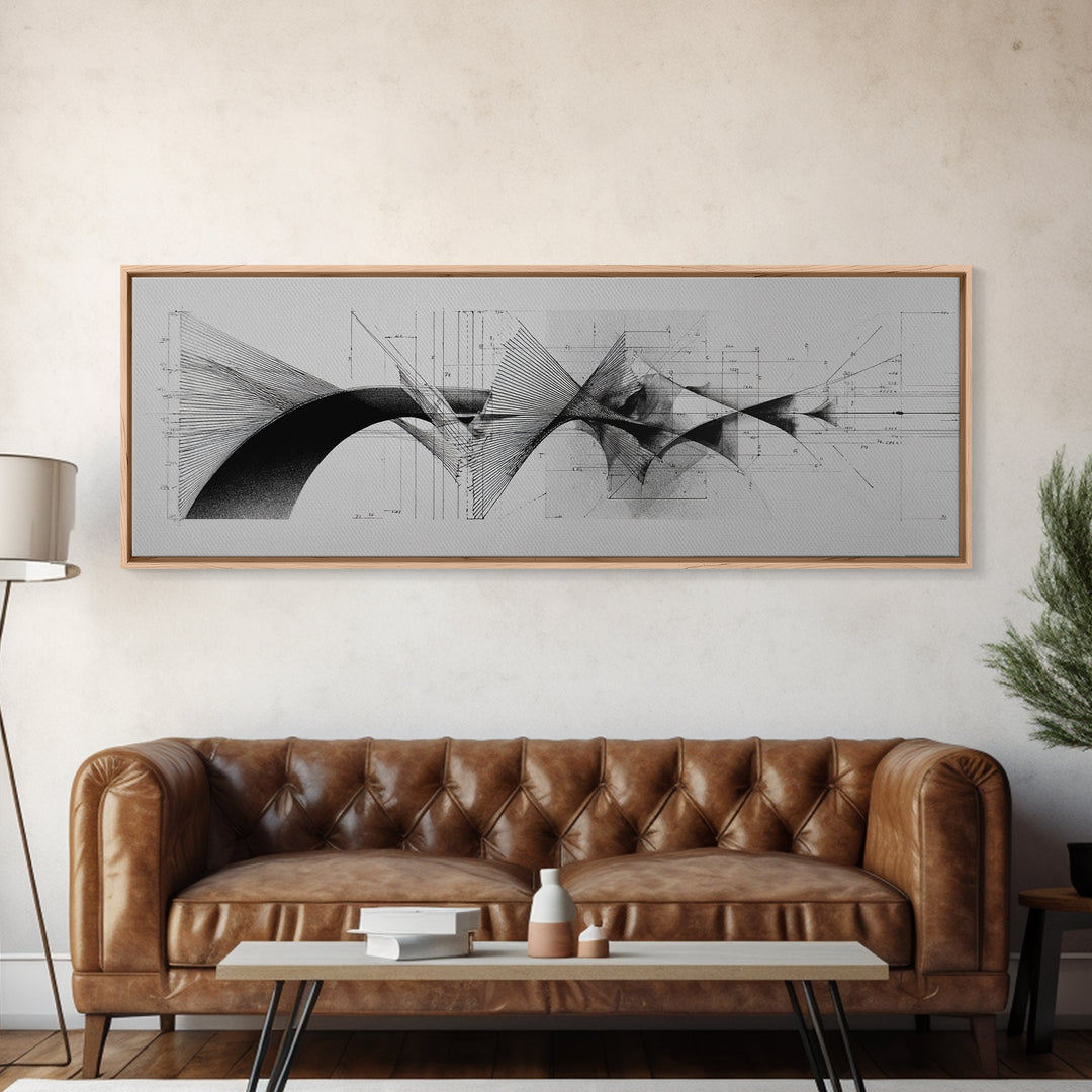 Monochrome Architectural Arcs And Lines Wall Art, Midcentury Modern Abstract Print, Black White Office Decor, Framed Canvas Print