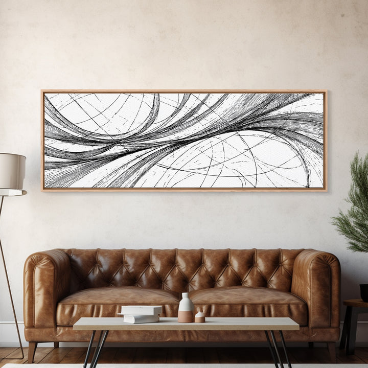 Sweeping Black White Ellipse Line Canvas Print, Modern Abstract Wall Art, Minimalist Geometric Office And Home Decor Print