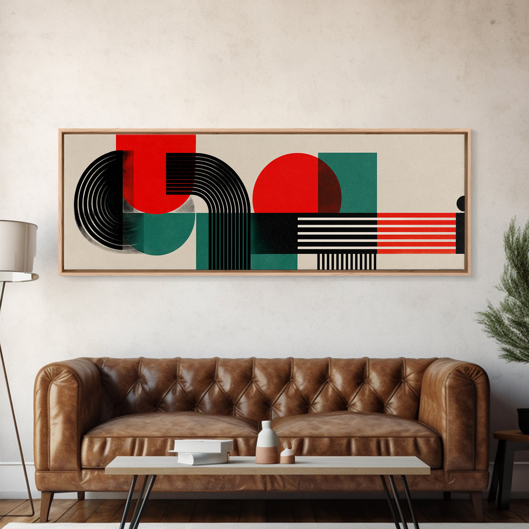 Bauhaus Red Teal Geometric Shapes Framed Canvas Print, Midcentury Modern Wall Art, Atomic Retro Home Decor, Bold Colorblock Art Print