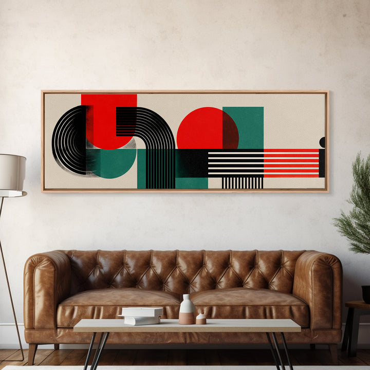 Bauhaus Red Teal Geometric Shapes Framed Canvas Print, Midcentury Modern Wall Art, Atomic Retro Home Decor, Bold Colorblock Art Print